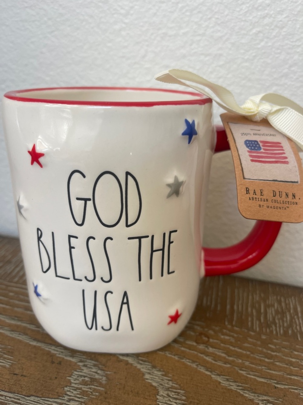 Rae Dunn GOD BLESS THE USA Mug with ❤️🤍💙Red White & Blue Stars🇺🇸